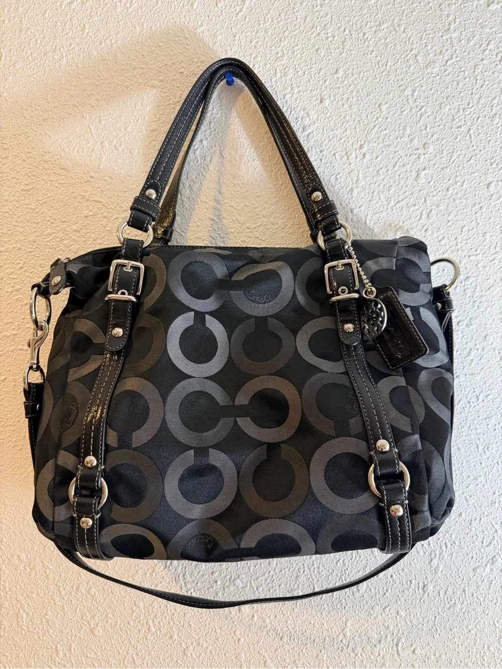Coach Black Signature Circle Satchel with Silver Hardware